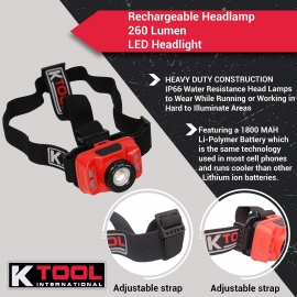 Water resistant 260 LMNS focusing headlamp rechargeable 73365