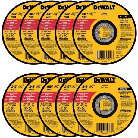 DeWalt DW8062 Meuleuse d'angle en métal 4-1/2" x 0,045" x 7/8", meule à coupe fine, paquet de 10