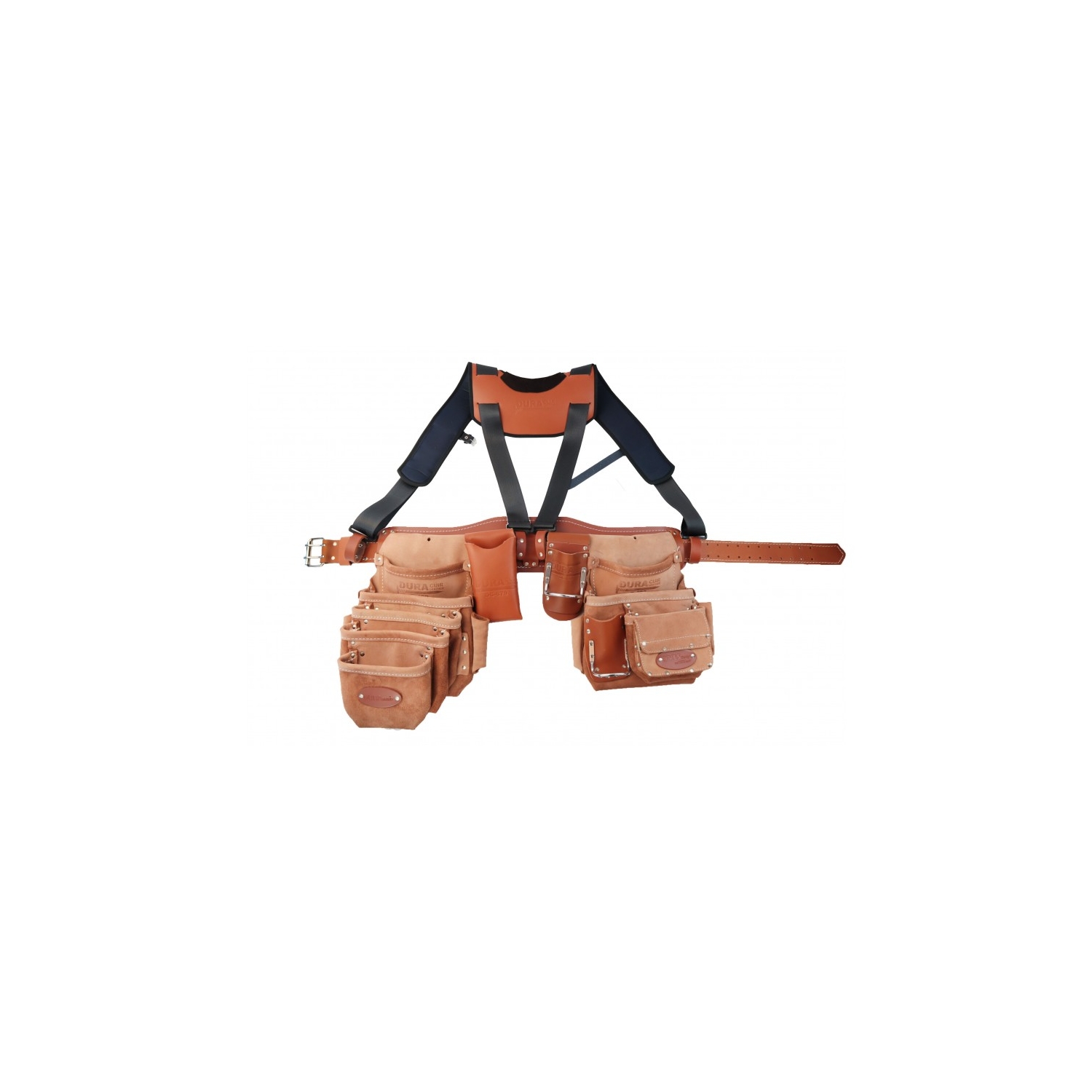 Duracuir Professional Leather Tool Belt – Carpenter Pouch Set With Suspenders, 12 Pockets, Heavy-Duty Tan Leather For Construction & Contractors